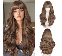 Fulang Hair Largo marrón ondulado rizado peluca para mujer, peluca de las señoras marrón claro, peluca de pelo sintético natural con flequillo