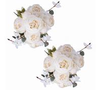 Fule 2 Pack Large Artificial Peony Silk Flower Bouquets Arrangement Wedding Centerpieces (Cream White)