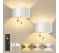 FULEN Lámpara de Pared con Sensor de Movimiento y Control Remoto, 3 Colores, luz de Pared Inalámbrica LED,Aplique de Pared Arriba y Abajo,Batería Recargable de 5000mAh,Brillo Ajustable,Blanco 2 Piezas