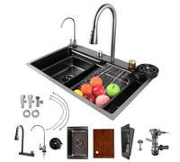 Fulgutonit Fregaderos Modernos para Cocina, Fregadero Multifuncional de Cocina 1 Seno, Fregadero Inteligente Negro Lava Loicas Cozinha con Lavadora de Tazas Grifo Extraible en Cascada (75 * 46cm)