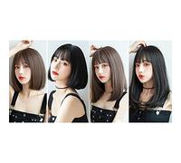 Full Head Wear Bobo Peluca sin pegamento con clip en el pelo liso con flequillo fino Snythetic (45 cm, negro)