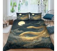 Full Moon Night Funda De Edredón 3D,Juego De Cama De Golden Snake in The Sky,y Fundas De Almohada Suave Transpirable Microfibra,3 Piezas para Niñas Y Niños King（220x240cm）