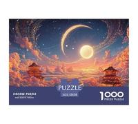 Full Moon with Crescent in The Sky 1000 Piece Papel Premium Rompecabezas Cloud Wave Temple Meditativo Jigsaw Regalo Niños 52x38cm/1000pcs