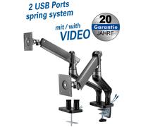 Full-motion desk stand with spring system & 2 usb ports for 2x flat sc