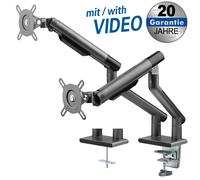Full-motion desk stand with spring system for 2x flat screens for scre