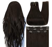 Full Shine Human Hair Clip in Extensions Darkest Brown Natural Remy Double Weft Clip ins with Lace Short 10 Inch 3 Pieces Individual Hair Clip ins for Women 50Gram Per Pack