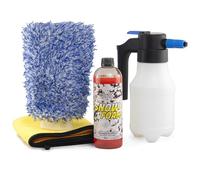FULLCARX Kit Champú con Pulverizador a Presión Automático Eléctrico Batería, Manopla y Toalla, Detergente Espuma Activa Snow Foam PH Neutro, Limpieza Exterior Coche, Productos Detailing Profesional