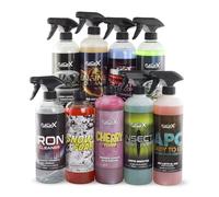 FULLCARX Kit Exterior Avanzado Limpieza Coche, Limpia Llantas, Champú Espuma Alcalino y PH Neutro, Cera Líquida Carnauba, Renovador Plásticos Motor, Limpiacristales APC Productos Detailing Profesional