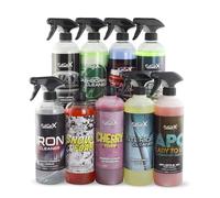 FULLCARX Kit Limpieza Coche Exterior Interior Detailing, Limpia Llantas, Tapicería, Renovador Plásticos Salpicaderos, Champú PH Neutro y Alcalino Rosa, Cera Carnauba, APC Listo al Uso Limpiacristales