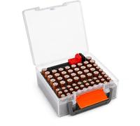 FULLCASE Organizador de batería con probador, caja de batería para 34 pilas AA/30 AAA, soporte compacto de plástico para cajón de cocina, caja de herramientas y kit de camping