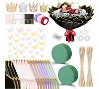 Fullhawl Kit de ramo de dinero, 48 hojas de papel de regalo de flores, 48 mariposas, 4 coronas, 18 tarjetas, 150 pinchos de bambú para cumpleaños, aniversario, graduación, boda, regalo del día de la