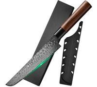 FULLHI Cuchillo Japonés de Acero Damasco con Funda, Hoja Forjada Martillada Mango de Madera Cuchillo Gyutou para Filetear con Caja para Cocinar, Camping Barbacoa (Cuchillo fileteador de 20,6 cm)