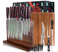 FULLHI Juego de 13 cuchillos con portacuchillos magnético, tablas de cortar, tijeras de cocina, tenedor para pavo y varilla afiladora,Primera opción para regalar (Café Madera)