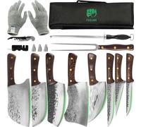 FULLHI Juego de 17 cuchillos de carnicero portátiles con tenedor de carne tallada, juego de cuchillos de cocina con bolsa, cuchillo de cocina de acero al carbono