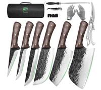 FULLHI Juego de cuchillos de carnicero con tijeras Cuchillo deshuesador forjado a mano Cuchillo de pescado de acero al carbono para cocinar, acampar y hacer BBQ (Marrón, Nuevo 12 PCS)
