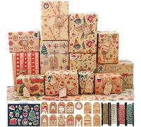 FullJoyHut Papel de Regalo Kraft Navidad con 12 Hojas Reciclable Papel de Regalo Navideño 70x50cm,14 Etiquetas Regalo,24 pegatinas,4 Rollo Hilo Yute Cuerda Algodon para Decoración Navideña