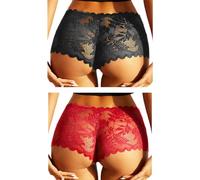 FULLJOYLOVE Bragas Huecas de Malla de Encaje Sexy para Mujer Bragas Sin Costuras Calzoncillos de Bikini Elásticos de Tiro Bajo para Mujer Negro,Rojo 2 Paquetes S