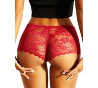 FULLJOYLOVE Bragas Huecas de Malla de Encaje Sexy para Mujer Bragas Sin Costuras Calzoncillos de Bikini Elásticos de Tiro Bajo para Mujer Rojo L