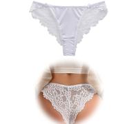 FULLLJOYLOVE Tangas de Encaje para Mujer de Talla Grande Tangas de Satén Sexy Bragas Francesas con Tiras Transpirables Brillantes Ropa Interior Sexy Bikini Bikini Blanco S