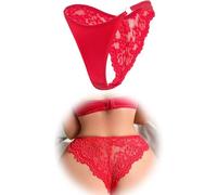 FULLLJOYLOVE Tangas de Encaje para Mujer de Talla Grande Tangas de Satén Sexy Bragas Francesas con Tiras Transpirables Brillantes Ropa Interior Sexy Bikini Bikini Rojo XS