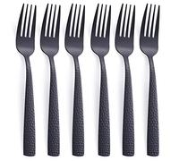 FULLYWARE Juego de 6 tenedores de cena negros mate, 20,3 cm tenedor de acero inoxidable negro, tenedor martillado de metal, acabado satinado