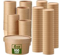Fulmoon Paquete de 100 recipientes de papel para sopa con tapas, recipientes de papel desechables para alimentos con tapas ventiladas, recipientes de helado de papel kraft, tazones de sopa, tazas de