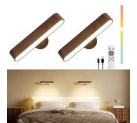 FULNIX Lámpara de pared inalámbrica de 7500 mAh con batería para dormitorio interior, lámpara de pared de madera de nogal con mando a distancia y táctil, rotación magnética de 360°, 3 colores