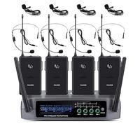 FULODE UR-408 - Sistema de micrófono inalámbrico profesional de 4 canales con 4 micrófonos Lavalier y 4 auriculares, ideal para fiestas en casa, cantar, karaoke, reuniones, iglesia, eventos, TV