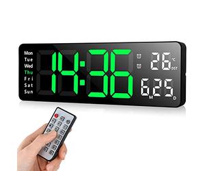 Fuloon Despertador Digital con Control Remoto, 13'' Reloj de Pared LED Digital, Reloj Despertador Digital Moderno con Cronómetro de Tiempo y Cuenta Regresiva,Brillo Ajustable,Hora,Fecha,Temperatura
