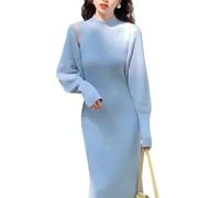 FULUJIDI Conjunto De Vestido De Punto para Mujer Medio Jersey De Cuello Alto De Manga Larga Vestido De Cintura Alta Jersey Elegante Slim Vestido Largo De Suéter M Celeste