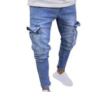 FULUJIDI Jeans Vaqueros Pantalones Vaqueros De Hombre Pantalones De Mezclilla De Algodón Pantalones Cargo con Múltiples Bolsillos Pantalones Lápiz Bolsillos Laterales Pantalones Cargo L Azul Claro