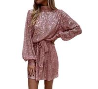 FULUJIDI Vestido De Lentejuelas para Mujer Color Sólido Escote En O Manga Larga con Cordones Vestido Corto De Señora Vestido De Lazo En La Cintura para Fiestas Bodas XL Rosa