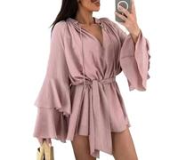 FULUJIDI Vestidos De Fiesta Vestir Dress Mujer Niña Vestido Camisero De Mujer De Manga Larga con Cuello En V Vestido Corto De Señora Cintura De Gasa con Lazo Mini Vestido Femenino Fluido S Rosa