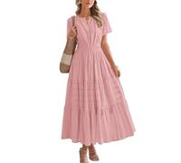 FULUJIDI Vestidos De Fiesta Vestir Dress Mujer Niña Vestido De Mujer Casual con Cuello En V Manga Corta Escalonado Vestido Fluido Cintura Largo L Rosa
