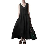 FULUJIDI Vestidos De Fiesta Vestir Dress Mujer Niña Vestido Largo De Lino Y Algodón para Mujer Casual De Color Sólido con Cuello En V Sin Mangas Vestido Sin Mangas De Mujer Plisado De Playa M Negro