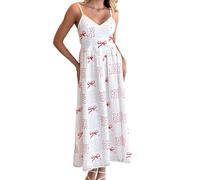 FULUJIDI Vestidos De Fiesta Vestir Dress Mujer Niña Vestido Lencero Largo De Playa para Mujer Tirantes Profundo Escote En V Lazo Sin Espalda Estampado Floral Vestidos Swing L Blanco