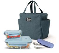 Fumagik 2 tapers de cristal herméticos de 1040ml y de 370ml con bolsa termica porta alimentos y un portacubiertos de silicona. Ideal como loncheras de trabajo - tupper cristal hermetico