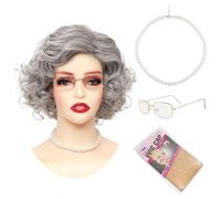 Fumwase Conjunto de disfraz de anciana, peluca gris para abuela, accesorios perfectos para fiesta de Halloween, peluca de abuela para cosplay, 100 días de escuela, pelucas para mujeres y adultos (gris