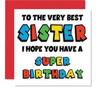 Fun Birthday Cards for Sister - Super Birthday - Happy Birthday Card for Sister from Brother, Sister Video Game Birthday Gifts, 145mm x 145mm Sibling Gamer Birthday Bday Greeting Cards