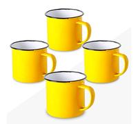 FUN FAN LINE - Set de 4 Tazas Metálicas Esmaltadas Retro, Color Amarillo | Juego de Mugs de Desayuno Vintage de 380ml | Taza de Café para Té Originales | Kit de Tazas para Regalo