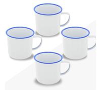 FUN FAN LINE - Set de 4 Tazas Metálicas Esmaltadas Retro | Juego de Mugs de Desayuno Vintage de 380ml | Taza de Café para Té Originales | Kit para Regalo (Blanco C/Azul, 4 Tazas)