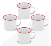 FUN FAN LINE - Set de 4 Tazas Metálicas Esmaltadas Retro | Juego de Mugs de Desayuno Vintage de 380ml | Taza de Café para Té Originales | Kit para Regalo (Blanco C/Rojo, 4 Tazas)