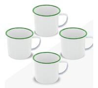 FUN FAN LINE - Set de 4 Tazas Metálicas Esmaltadas Retro | Juego de Mugs de Desayuno Vintage de 380ml | Taza de Café para Té Originales | Kit para Regalo (Blanco C/Verde, 4 Tazas)