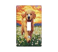 Fun Golden Retriever - Placa decorativa para interruptor de perro Golden Retriever con 1 palanca única, Spring Pixel Art Daisy Chien, placa frontal eléctrica para decoración de dormitorio, baño, placa