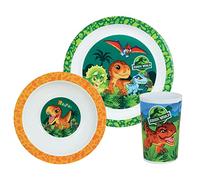 FUN HOUSE 006066 JURASSIC WORLD DINOSAURE - Juego de comida (plato plano, diámetro de 22 cm, plato hondo o tazón de 16 cm y vaso de 220 ml, multicolor