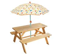 FUN HOUSE | Conjunto de mesa de picnic de madera y sombrilla con diseño de frutas para niños | Mesa: H.53 x 95 x 75 cm y sombrilla: H.125 x 100 cm de diámetro | Peso máximo: 2 x 30 kg | Regalo al aire