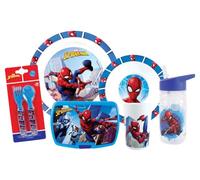 FUN HOUSE - Juego completo de caja de comida Spiderman para niños, 1 vaso + 2 platos + cubiertos + botella y caja de sabor, licencia oficial | reutilizable y microondas, marca francesa | Idea de