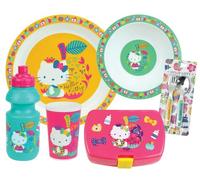 HELLO KITTY - Juego de vasos para niños (1 vaso de 220 ml, 1 asiento hueco, 16 cm de diámetro, 1 asiento de 22 cm, 1 cucharón de 350 ml, 1 caja de aperitivo y 2 cubiertas de 13,5 cm, recipiente