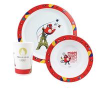 FUN HOUSE JUEGOS OLÍMPICOS PARÍS 2024 CONJUNTO COMIDA JO CON UN ASIENTO PLANO Ø 22 CM, UN PLATO Hueco Ø 16 CM Y UN Vaso 220 ML PARA NIÑOS - VASILLA REUTILIZABLE