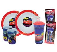FUN HOUSE | Set completo de vajilla Disney Cars para niño | 2 platos hondos + 2 vasos + 2 juegos cubiertos + 1 vaso pajita, licencia oficial | reutilizable | marca francesa | idea de regalo